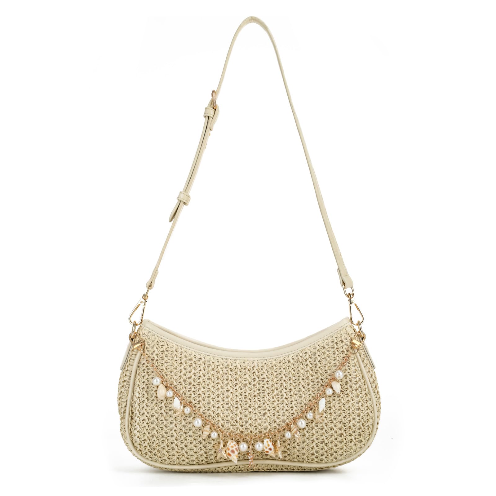 Fecialy Borsa a tracolla in paglia da donna, in stile bohémien, con perline, pochette estiva in rafia