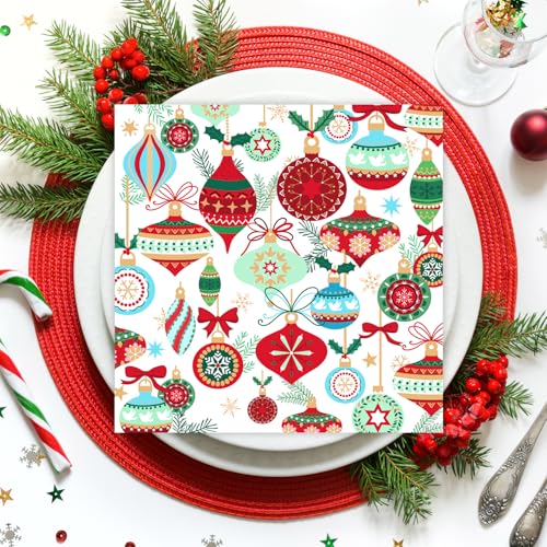 Quera 50 Pack Christmas Cocktail Napkins Disposable Vintage Lamp Ball Pine Branch Paper Napkins Winter Dinner Hand Napkin for Christmas Winter Holiday Party Supplies, 6.5 x 6.5 Inch – Image 5