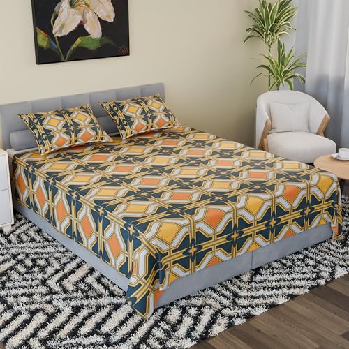 Image of Kuber Industries Cotton 144 TC Double Bedsheet With 2 Pillow Covers | Machine Washable Soft Bedsheet For Living Room, Home & Hotels | Zig Zag Print - Green & Orange