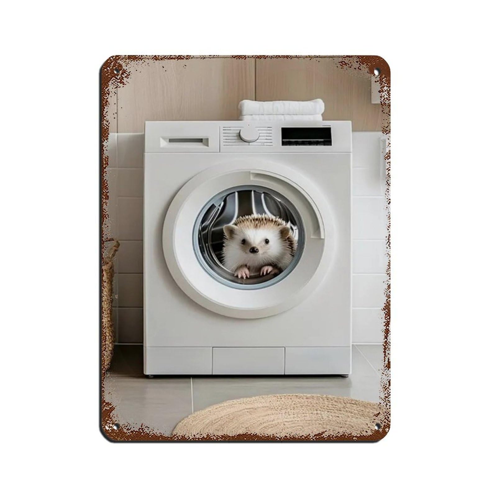 Hedgehog in A Washing Machine, Funny Bathroom Art Retro Poster Metal Tin Sign Chic Art Retro Iron Painting Bar People Cave Cafe Family Garage Poster Wall Decoration 12x16inch(30x40cm)
