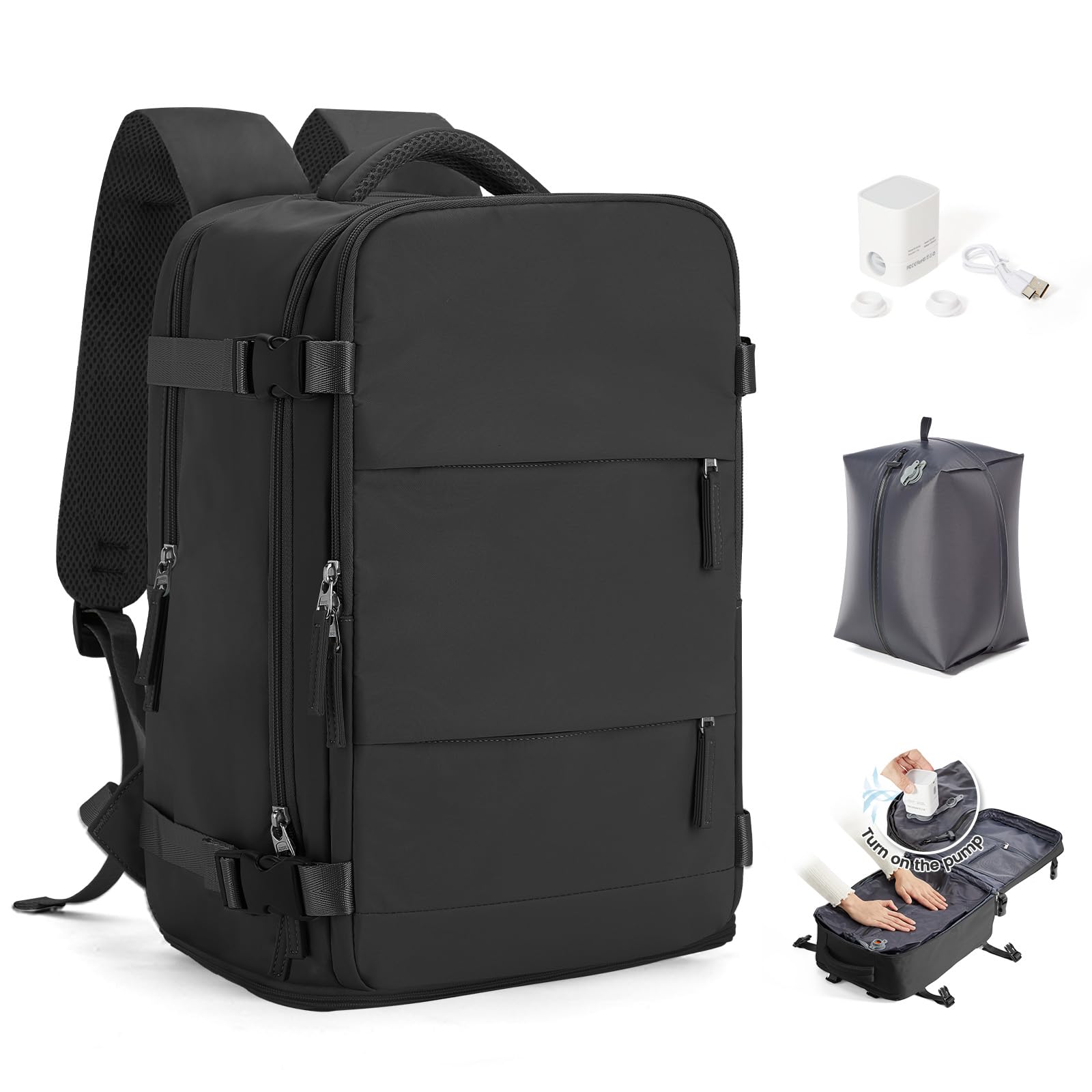 SEAFEW Sac à dos sous vide de voyage avec pompe pour Ryanair 40x30x20, Sac À Main Bagage Cabine Avion para Easyjet, sac à dos décontracté pour ordinateur portable,Sac de Voyage pour Week-End,H01-noir