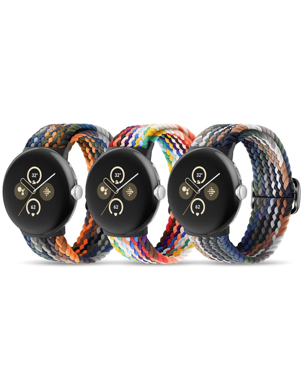 BlackPro Braided Bands Solo Loop Compatible with Google Pixel Watch/Pixel Watch 2, 3 Pack Adjustable Stretchy Nylon Elastic Straps with Upgraded Connector for Google Pixel Watch Wristbands for Women