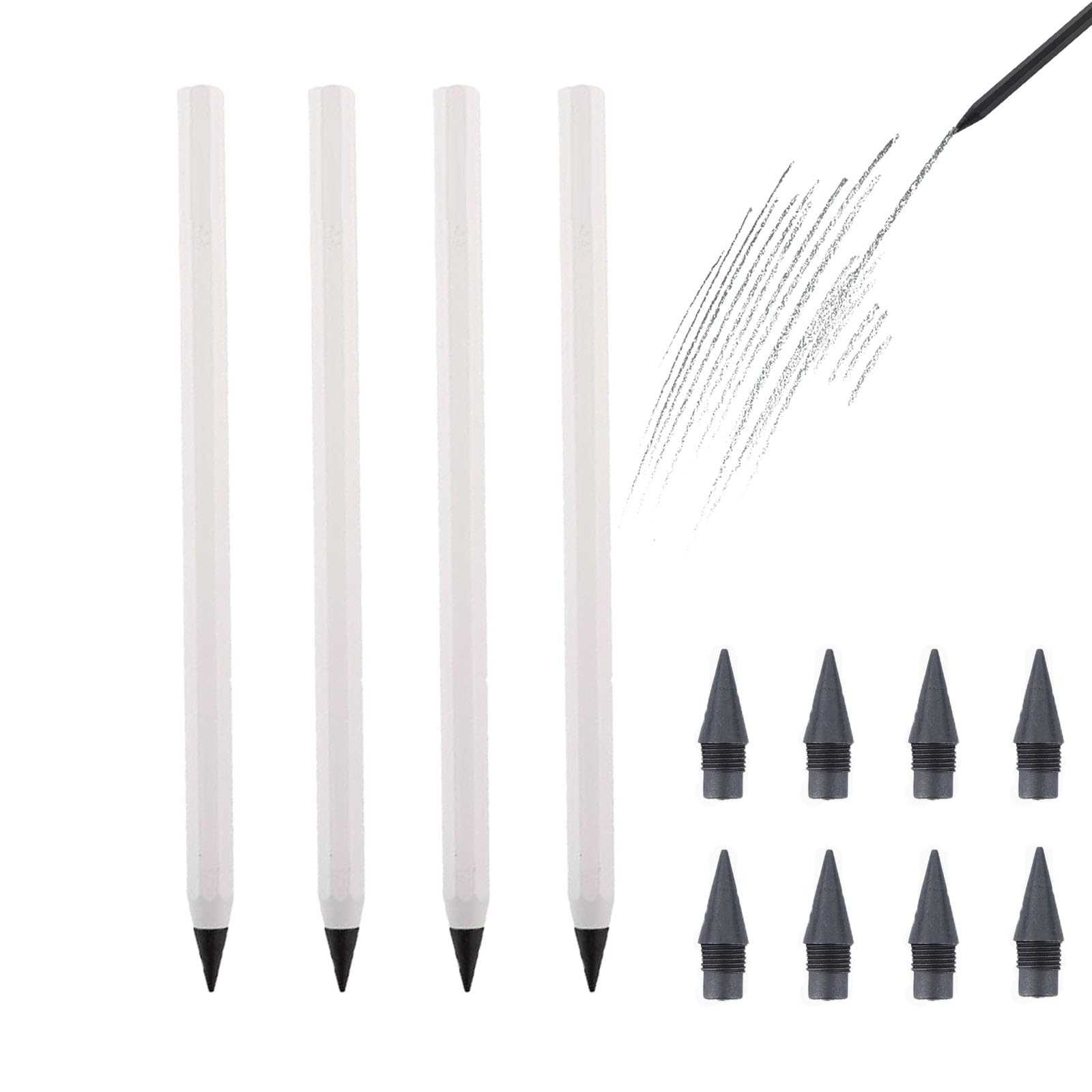 everpen Forever Pencil,Metal Infinity Pencil with Replaceable Nib, Metal Alloy Writing Instrument, With 12 Colored Refill Tips, Pencils for Drawing, Sketching and Writing (4pcs-White)