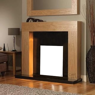 Electric Oak Mantel Black Hearth & Back Panel Flat Wall Modern Fireplace Suite Fire 48"