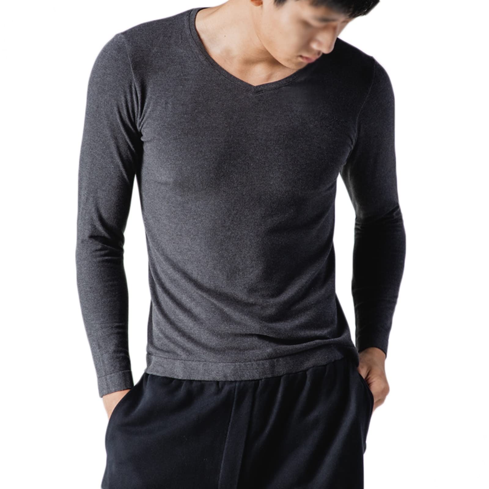 Dsnyu Thermal Underwear Tops Men, Acrylic Round Collar Thermal Underwear Sleeve Top, Dark Grey Inner Thermal Wear Top One Size