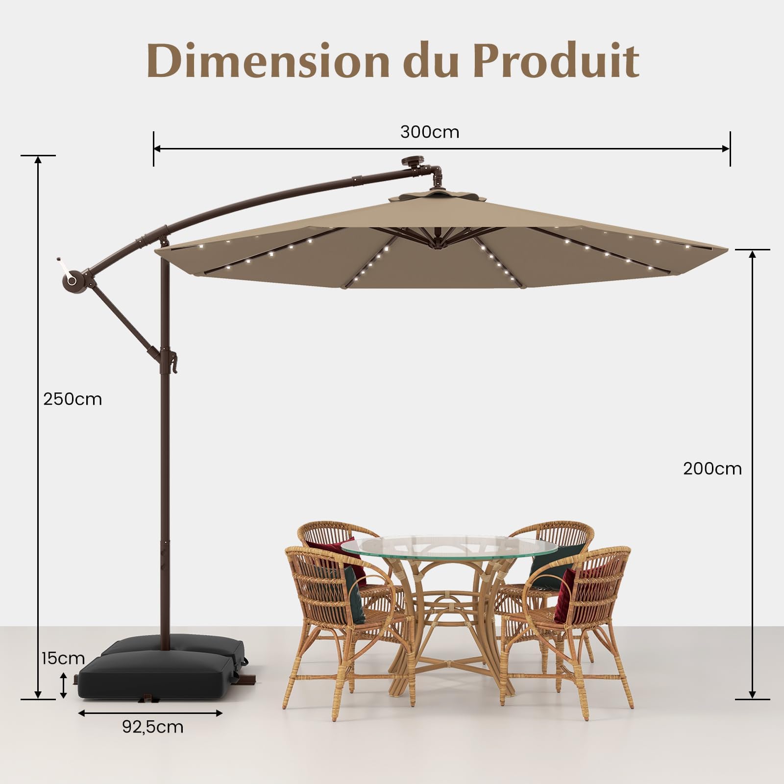 GOPLUS Parasol de Jardin Extérieur avec Pied, 3M Grand Parasol Déporté Inclinable, avec 8 Baleines 32 Lampes Solaires, pour Terrasse Plage Cour (Café)