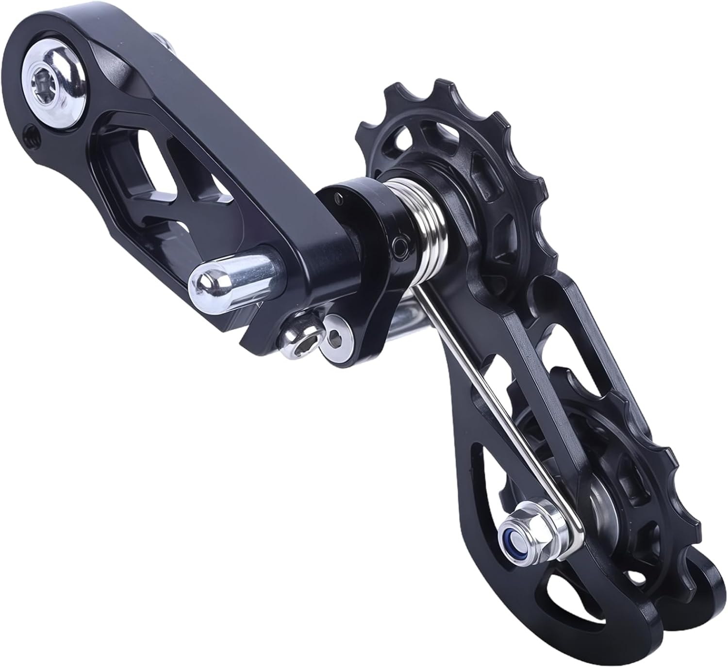 Single Chain Tensioner, with Guide Spring Dual Rollers Aluminium Alloy, Easy Installation Cycling Noise-Free, Compatible Chains Single with, Black