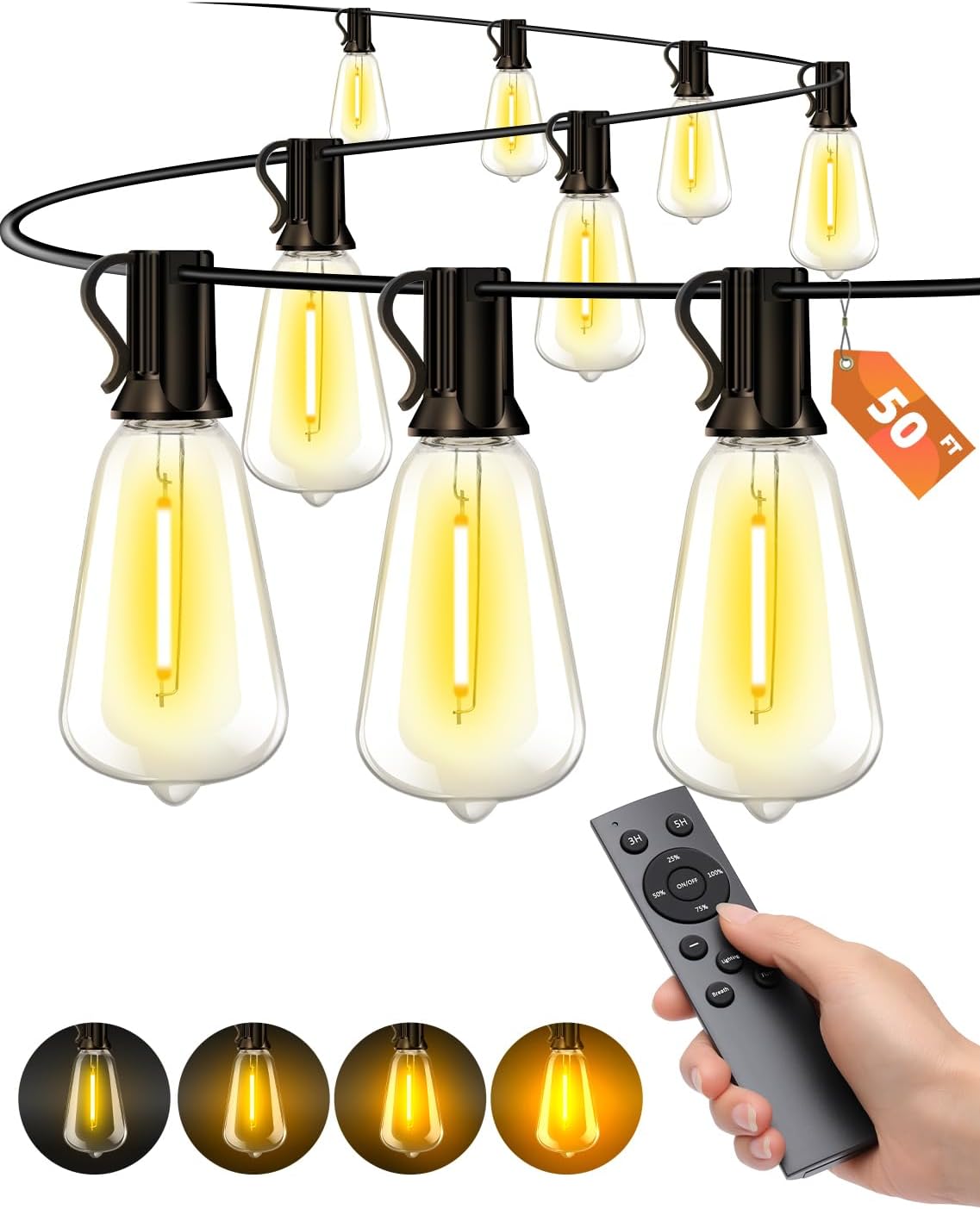 Outdoor Patio String Lights: 50Ft 15M Outside Waterproof Light - Remote Dimmable ST38 Shatterproof Bulb Connectable Hanging Outdoor Electric Lighting - Backyard Yard Gazebo Porch Party