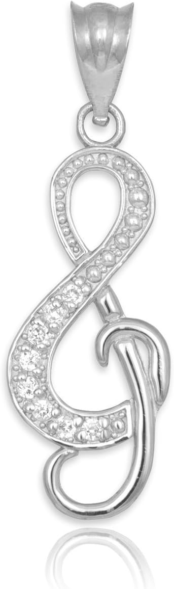 Claddagh Gold .925 Sterling Silver CZ-Studded Treble Clef Charm Music Note Pendant Necklace | Choice of Pendant Only or Chain Length