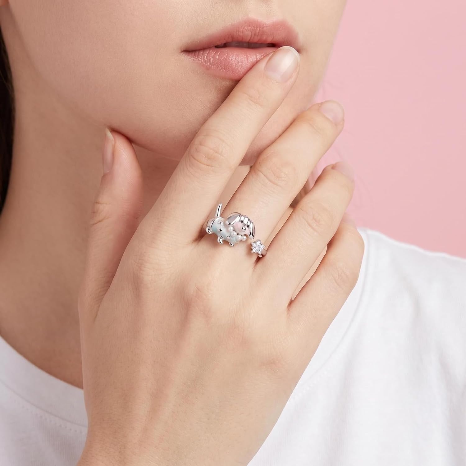 Silver Adjustable Cute Dachshund Dog Ring with Sparkling Star Crystal Puppy Jewelry for Women Kawaii Animal Pet Lovers
