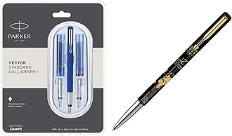 Calligraphy CT Fountain Pen (Blue) Moments Vector Timecheck Gold Trim Roller Ball Pen (Black)