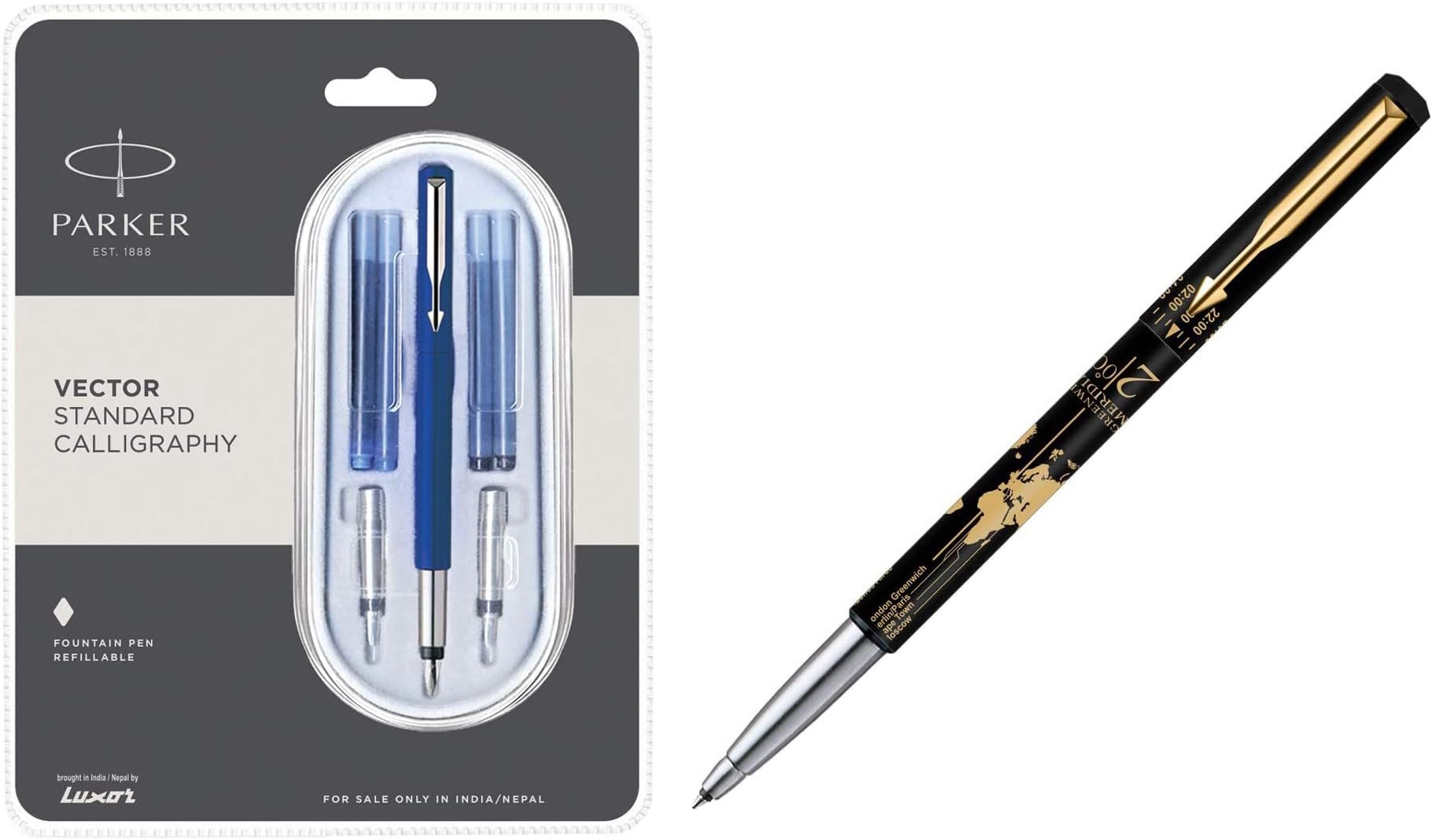 Parker Calligraphy CT Fountain Pen (Blue) Moments Vector Timecheck Gold Trim Roller Ball Pen (Black)