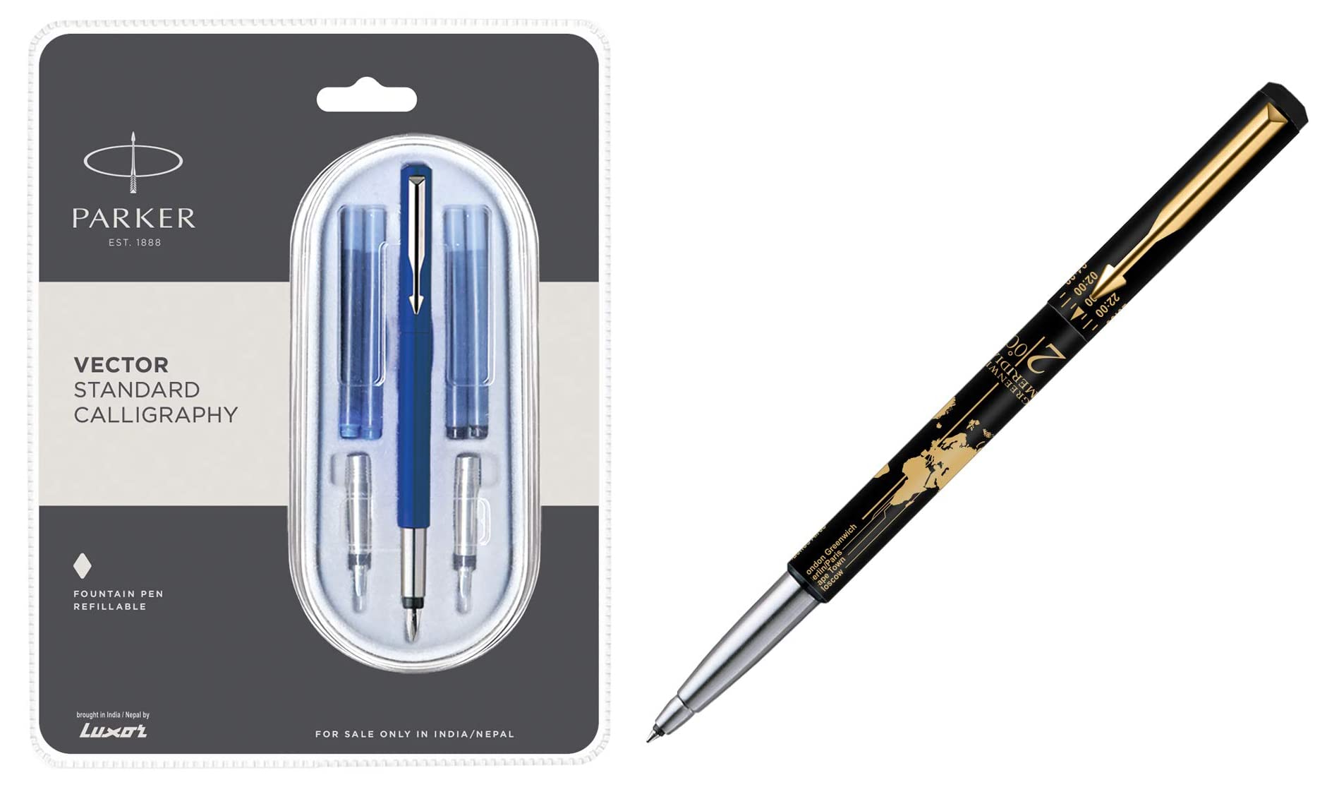 Parker Calligraphy CT Fountain Pen (Blue) Moments Vector Timecheck Gold Trim Roller Ball Pen (Black)