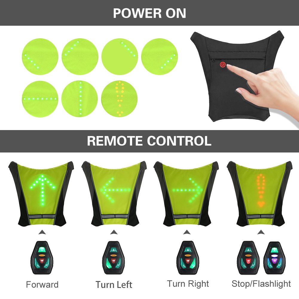 Lixada Chaleco de señal de Giro LED, Chaleco Reflectante USB Recargable con indicador de dirección y Control Remoto, para Ciclismo Luz de Advertencia