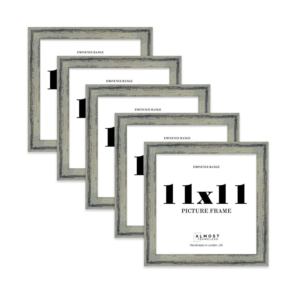 11x11" Distressed Green Picture Frame - Rustic Wood Industrial Effect Photo Frame for Wall Display, Ideal for Posters, Prints & Home Décor, Wall Hooks and Kickstand, 32mm Edge - 5 Pack