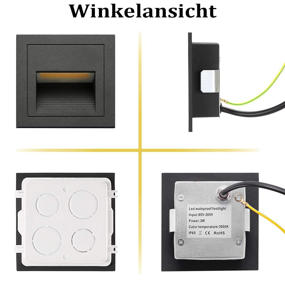 LED Treppenlicht Aluminium 230V 3W Glas Wandleuchten Treppenlicht mit Unterputzdose Treppenlicht Wandleuchte IP65 wasserdicht warmweiß,8 Stück