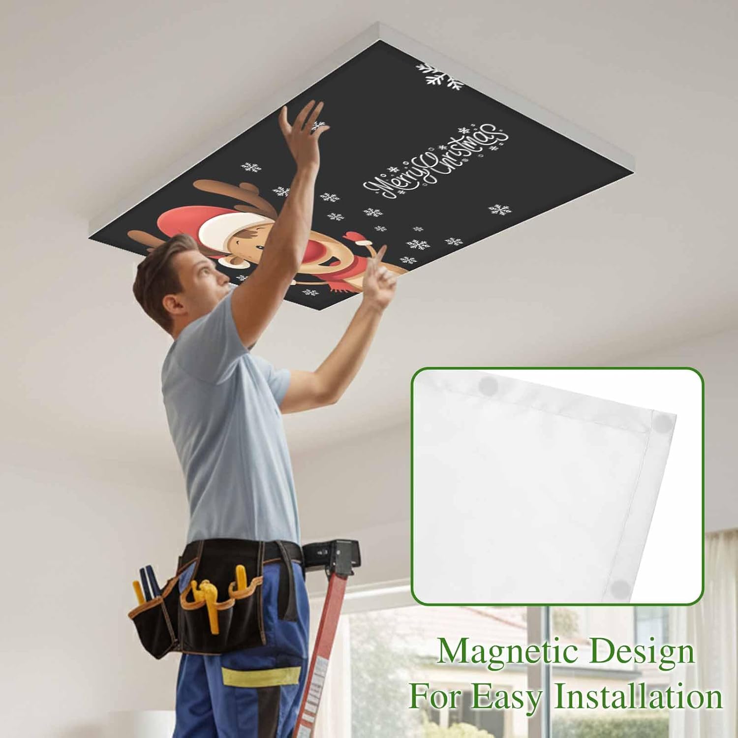 Merry Christmas Fluorescent Light Covers for Ceiling Lights 4x2 feet,4 Pack Magnetic Light Filters for Classroom,Winter Cartoon Xmas Deer Snowflake Fluorescent Lamp Shade Panel for Office School Drop