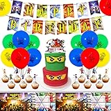 Geburtstagsdeko, 48Pcs Ninja Kindergeburtstag Deko mit 24 Luftballons Geburtstag Kinder 10 Einladungskarten 13 Cake Topper 1 Happy Birthday Banner Mädchen Jungen Geburtstag Deko Tortendeko Theme Party