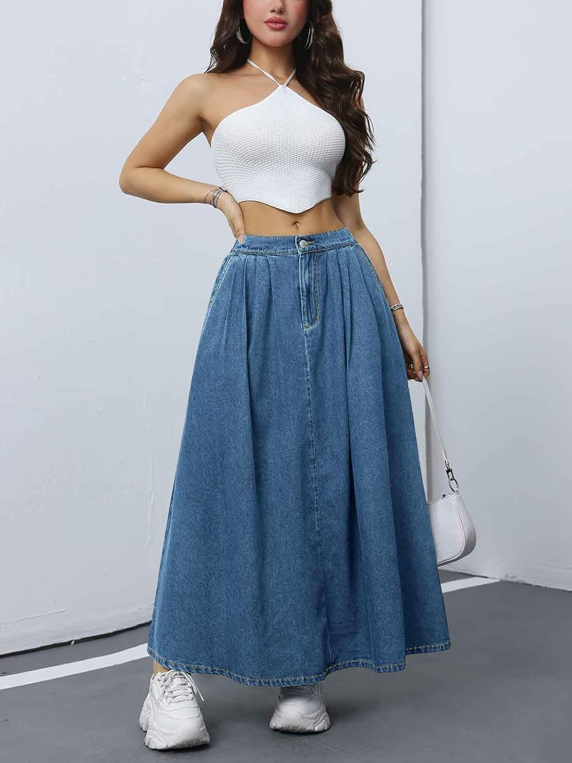 ebossy Women's Casual Pleated Back-Elastic Waist A-line Flowy Draped Maxi Denim Skirts with Pockets