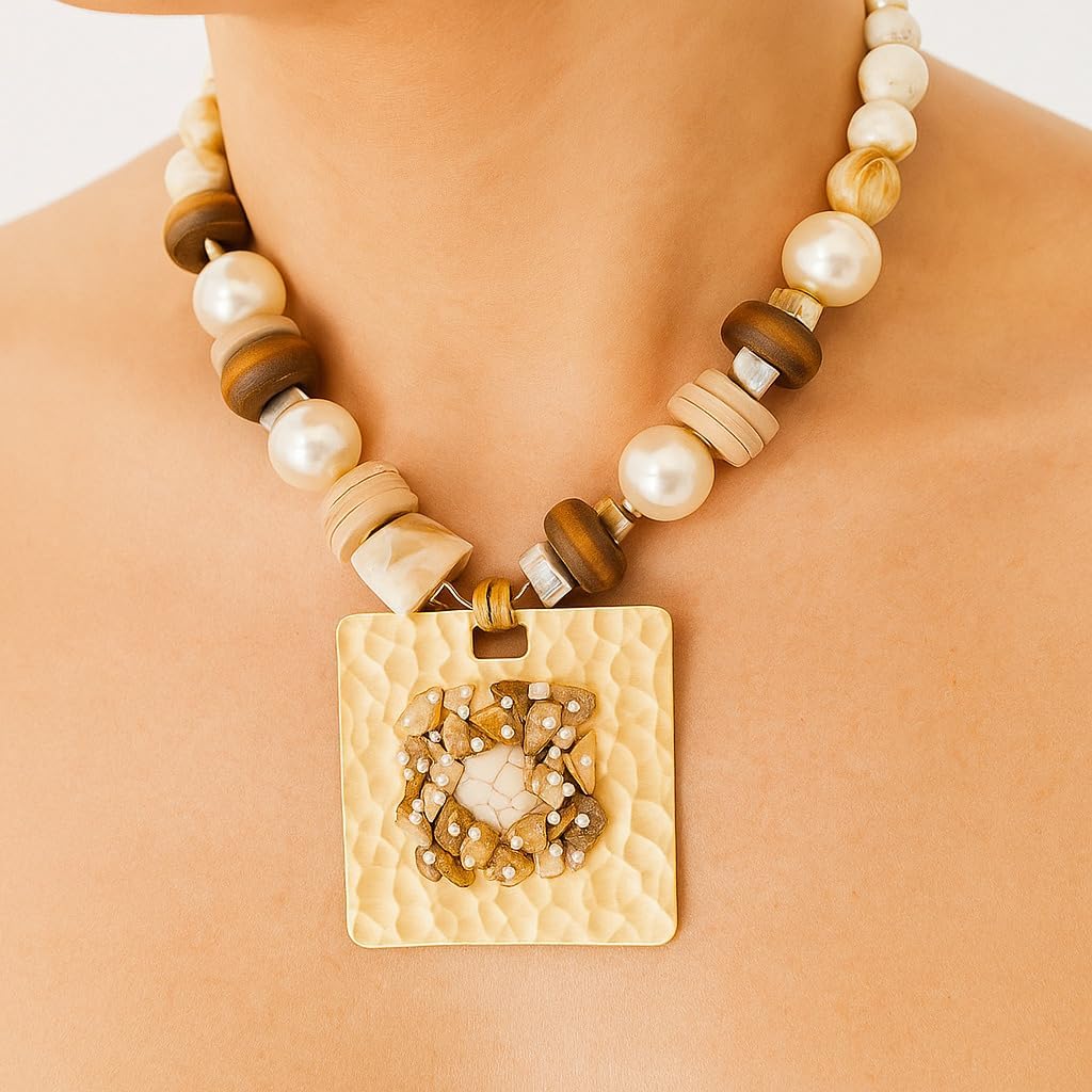 Gold Color Metal Pendant Necklace for Women Stone Simulated Pearl Wood Bead Bold Chunky Statement Fashion Ethnic Jewelry - Image 3