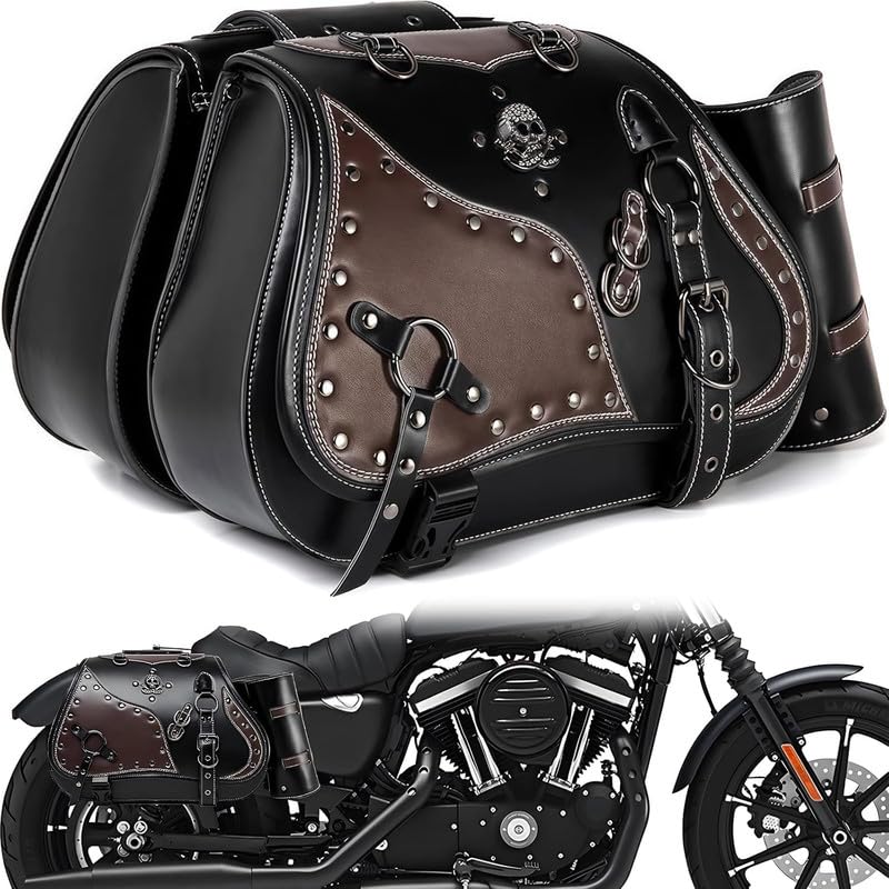 Alforja de sillín de moto de 30 l, de piel, impermeable, para moto con soporte para tazas, para Harley Davidson Sportster Dyna Softail, para Honda Shadow Rebel, para Yamaha Kawasaki Vulcan (B)