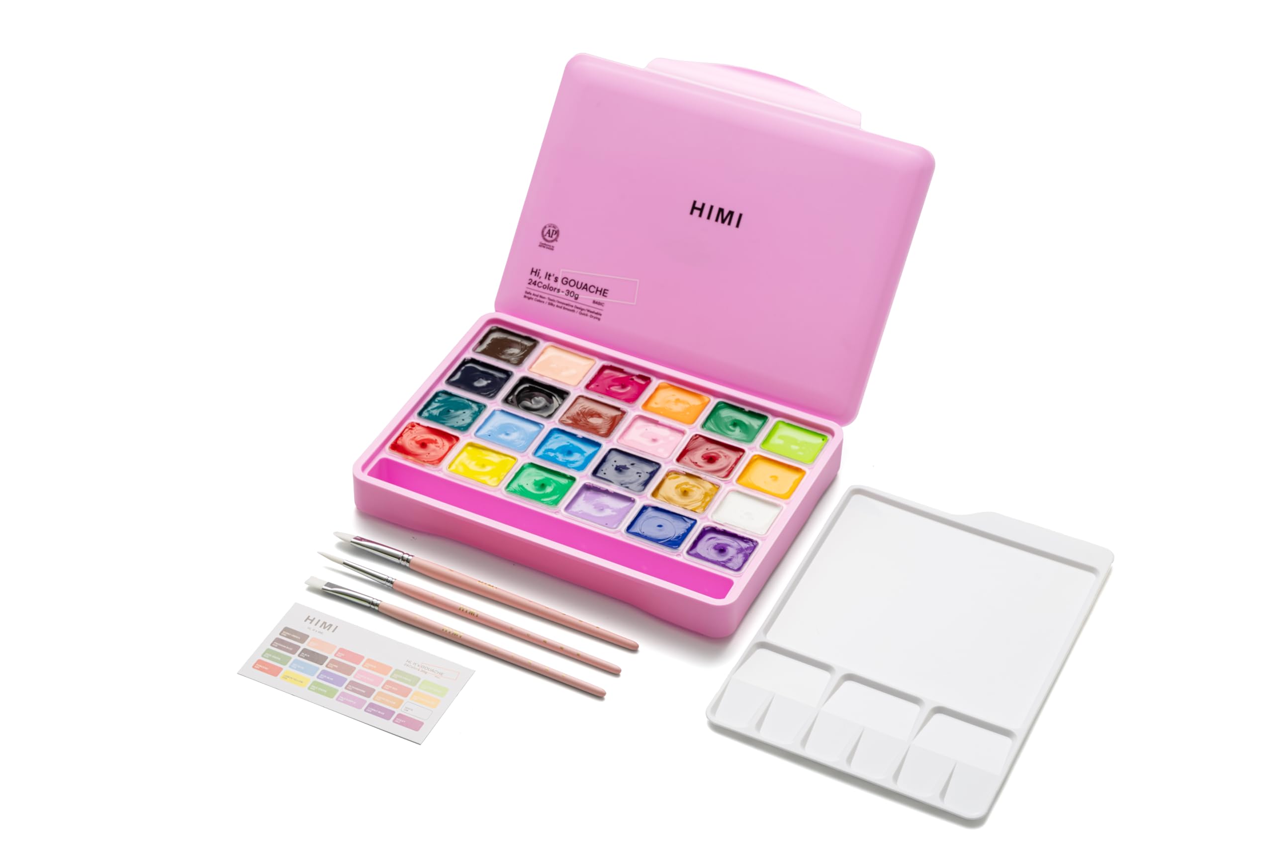 HIMI Jelly Cup Gouache Set 24 Paint Colours, 3 Brushes, Paint Pallete, Pink Case, Add Water to Reactivate, Smooth, Rich Colours, Gift, Artist Art Supplies, Large Scale Art Work to Fine Details
