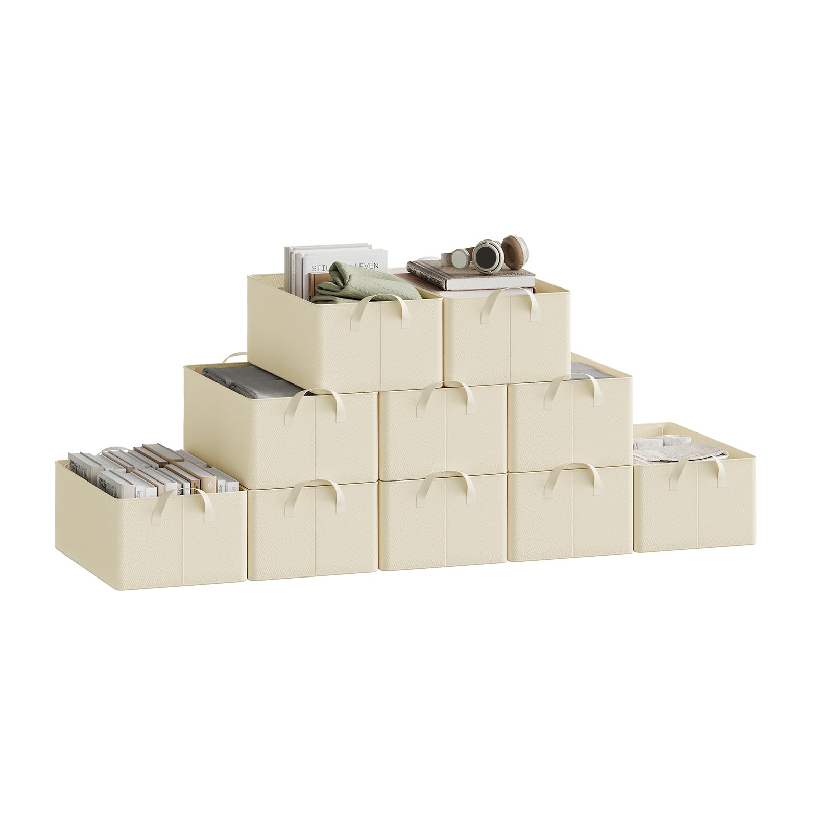 Woltu Cream Set Of 10 Foldable Storage Boxes, Fabric Storage Baskets With Handles, Wardrobe Storage Organisers, Clothes Storage Boxes For Shelves, 47X28x20cm