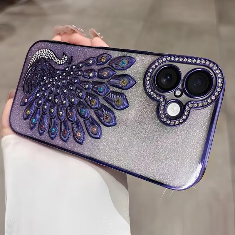 Image of mobistyle Case for iPhone 16,3D Diamond Luxury Electroplate Glitter Peacock Tail Bling Design Camera Protection Shockproof Phone Case for (Purple, iPhone 16)