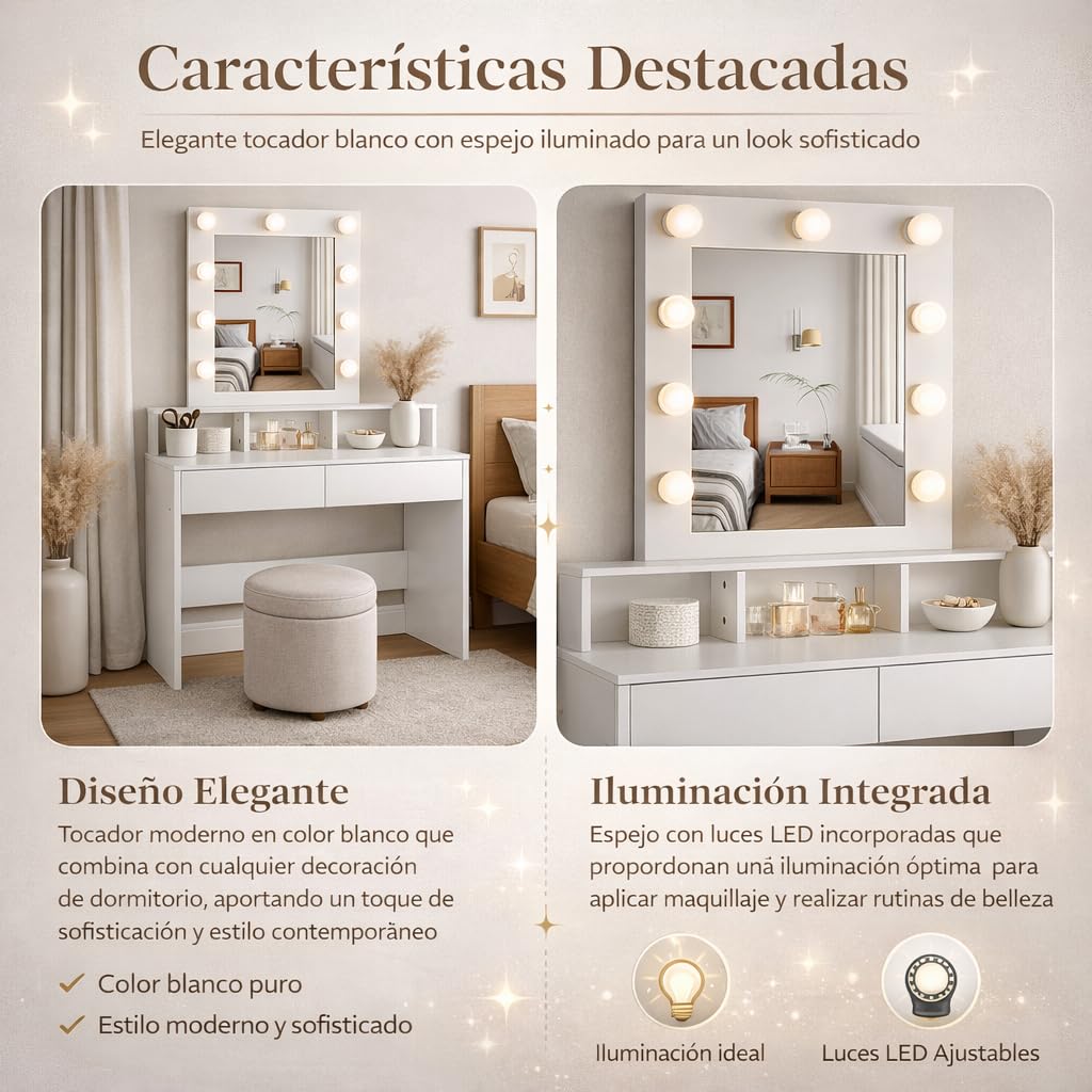 Tocador de maquillaje con Luz | Mueble tocador con Espejo 2 cajones y estantes de almacenamiento | Mesa de maquillaje moderno blanco para dormitorio, cómoda organizadora cosméticos y joyas