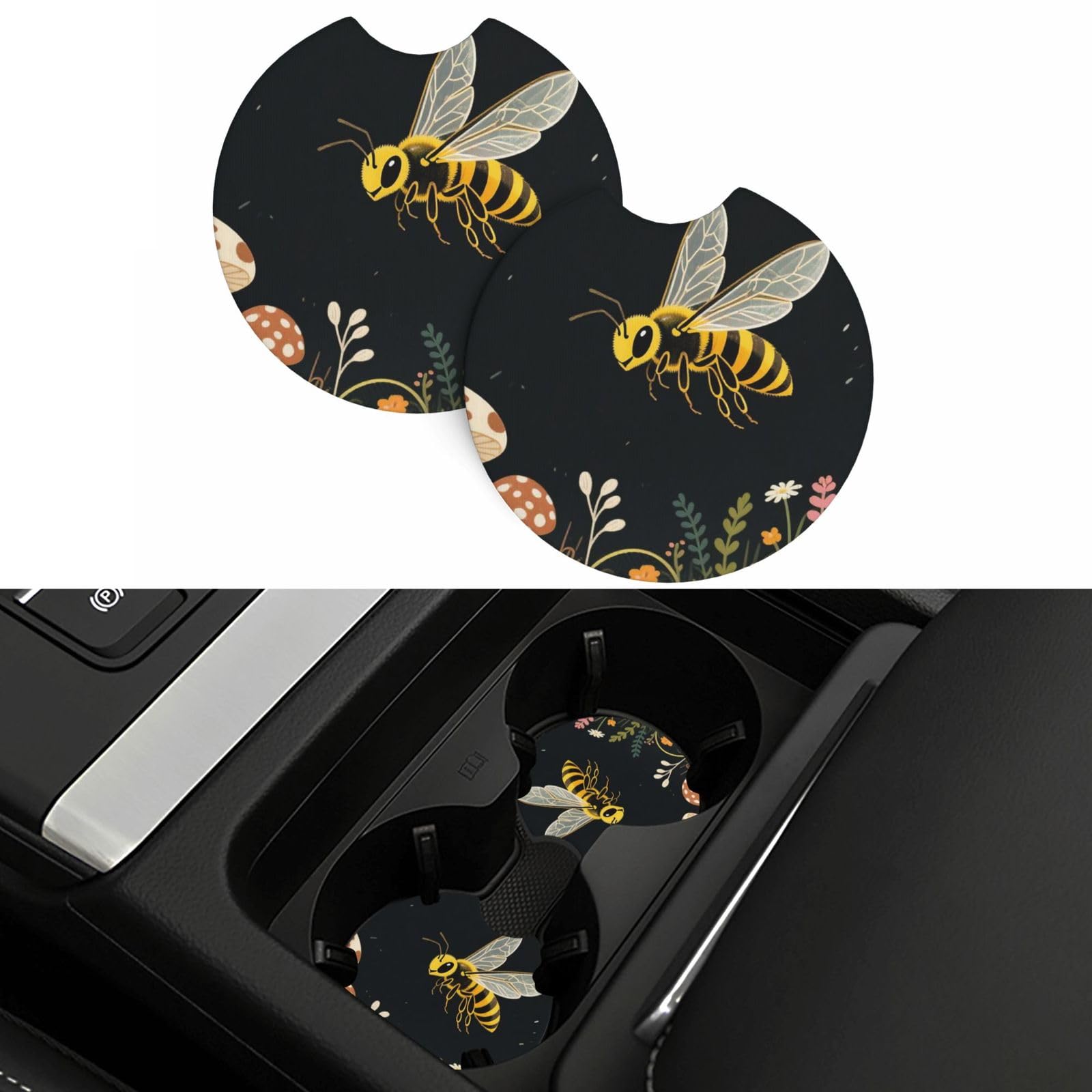 2 Pack Car Coasters,2.7" Universal Car Cup Holder Coasters Non-Slip Neoprene Cup Pad Mat Coaster Car Interior Accessories for Women Men Bee Retro Beautiful Mushroom