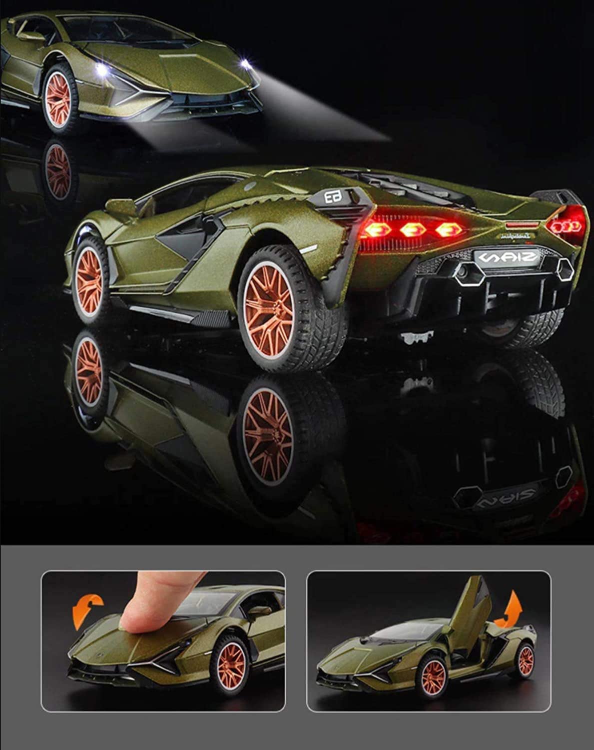 1/24 Big Lamborghini SIAN Toy Car Metal Pull Back Diecast Car with Openable Door and Sound Light, Gifts Toys for Kids 3