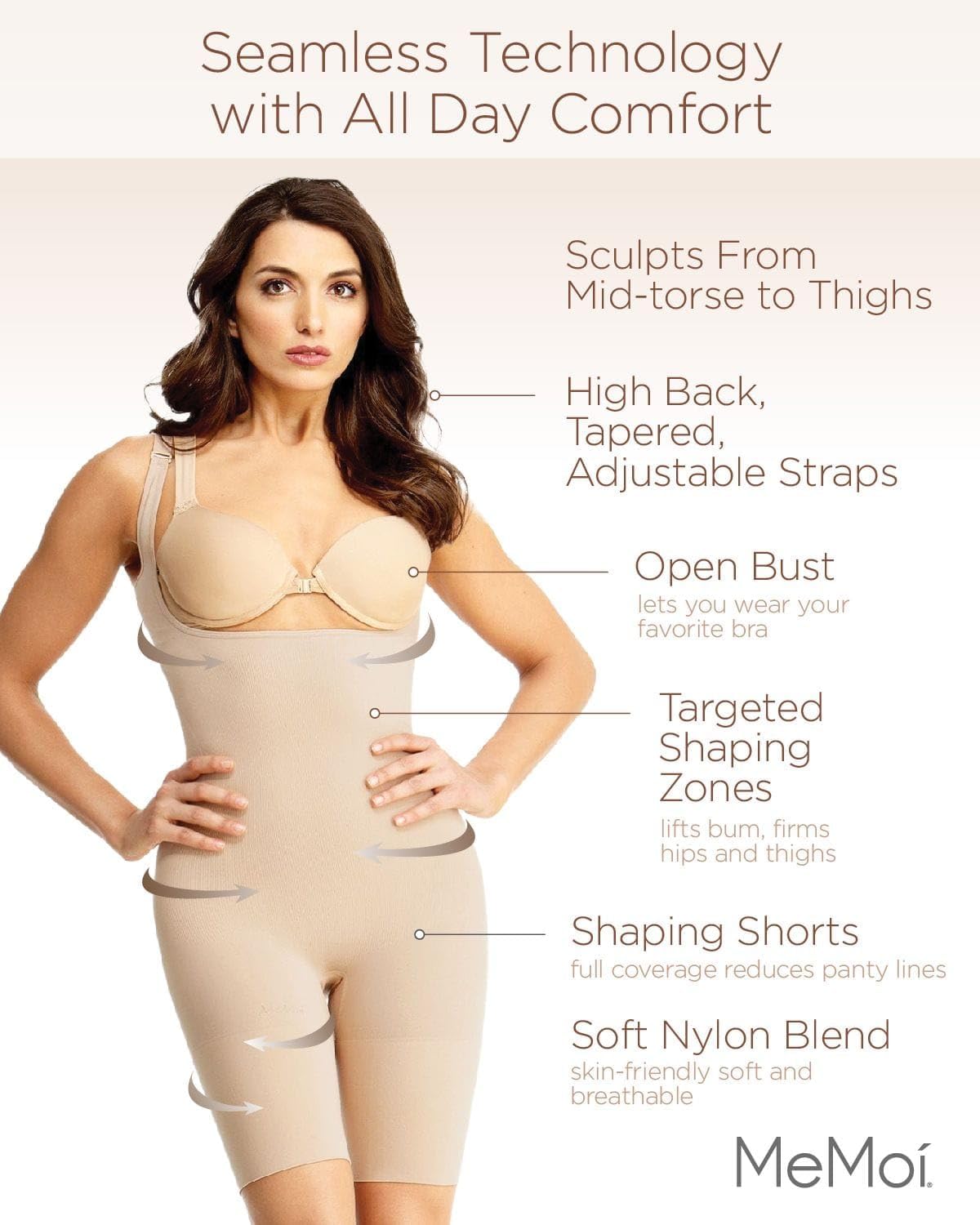 MeMoi Braless Bodysuit Shapewear with Thigh Shaping, Seamless Body Shaper for Women - Sizes Medium - 1X - Image 3