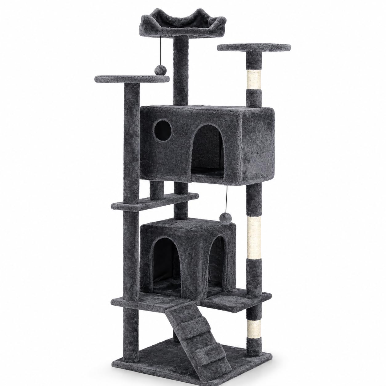 Árbol rascador para Gatos Grandes 150 cm, Torre multinivel Gris con 2 Cuevas, Cama Superior, Plataformas, Postes de sisal,