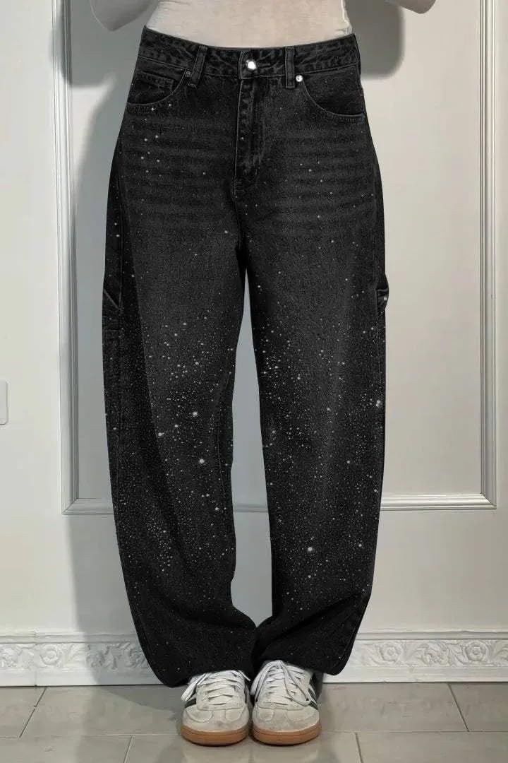 Unybwonn Women's Barrel Jeans Wide Leg Bling Bedazzled Denim Pants Baggy Mid Waist Ankle Jeans Trendy