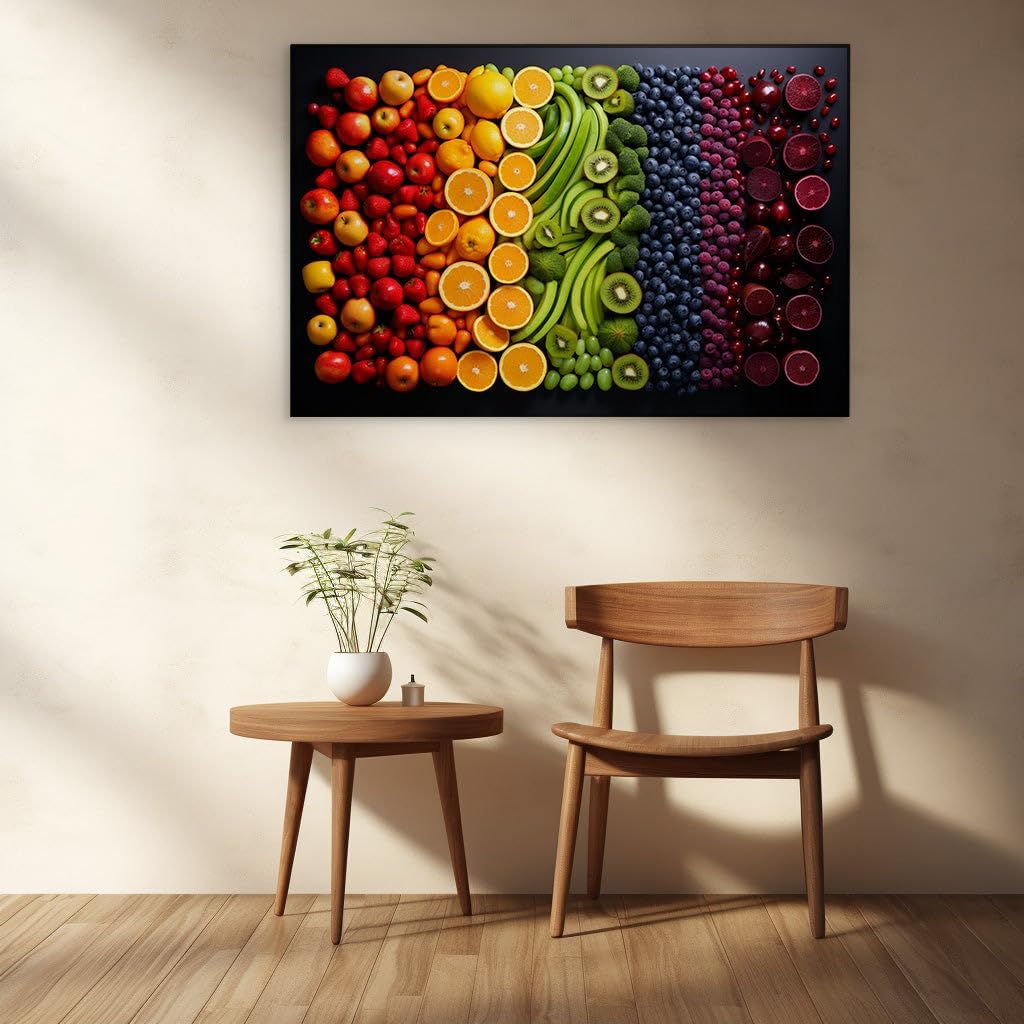 Canvas for Living room. Feast Your Eyes on Nature's Palette: A Rainbow of Fruits and Vegetables Against Midnight Black, 27 x 18 inch Canvas Wall Art - Contemporary Masterpieces - Modern Home Decor