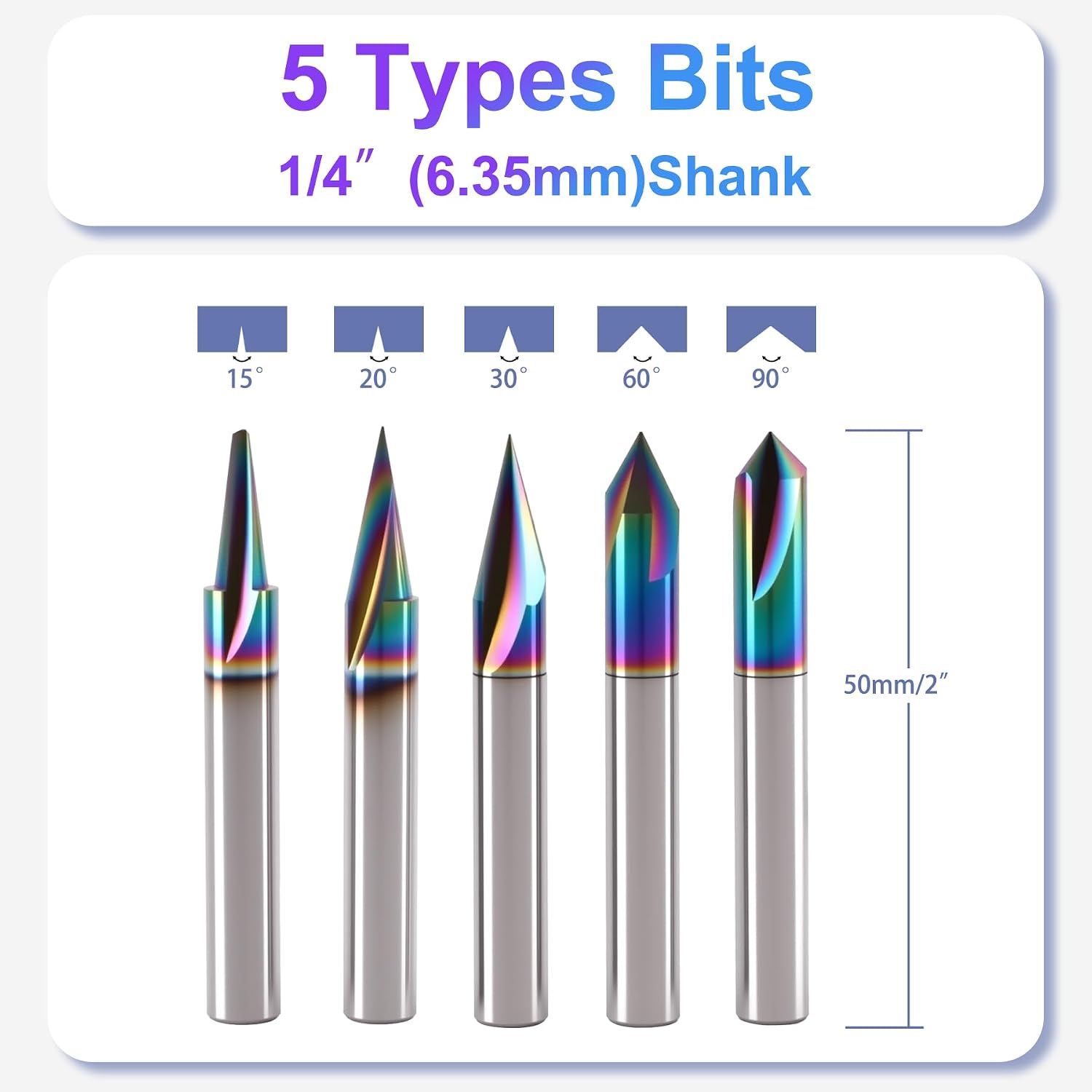 5pcs CNC Wood Carving Router Bit Set 1/4'' Shank,15° Detail Carving Liner+ 20° Profile bit+30°+60°+ 90° V Groove Router Bit, DLC Coating Tungsten Soild Carbide CNC Milling Cutter Engraving Router