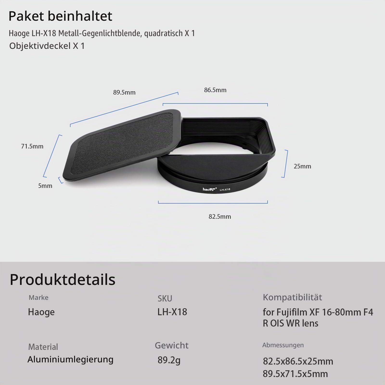 Haoge LH-X18 Bajonett-Gegenlichtblende aus Metall, quadratisch, mit Kappe für Fujifilm XF16-55 II, Fuji Fujinon XF 16-80mm F4 R OIS WR Objektiv