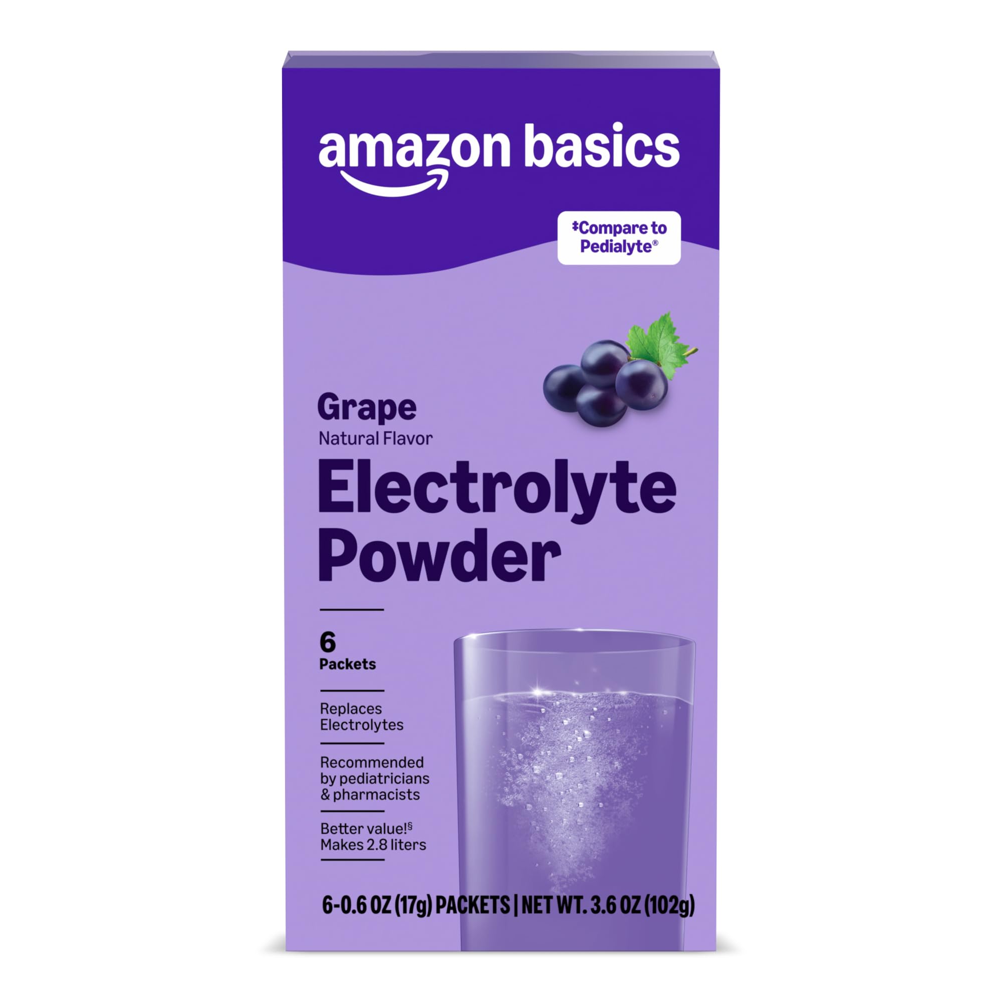 Amazon Basics Electrolyte Powder Packets for Rehydration for Kids &amp; Adults, Grape Flavor, 6 Count (Pack of 1) (Previously Amazon Basic Care)