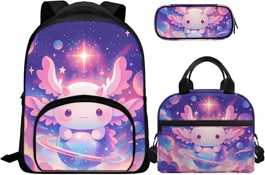 Girls Backpack, 12 Inch Lightweight 3 in 1 School Bags for Waterproof, Kids Cute Elementary Backpacks with Lunchbox and Pencil Case Bundle Axolotl and Planet