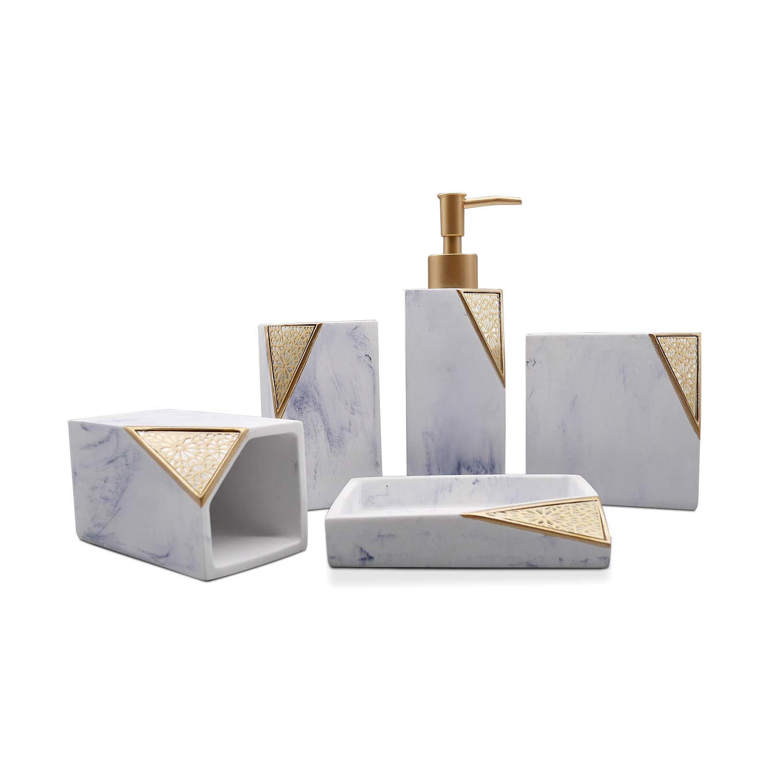 Cozy Villa 5-Piece Bathroom Accessories, Lotion Dispenser, Soap Dish, Toothbrush Holder, Tumblers, White Marble with Gold Design