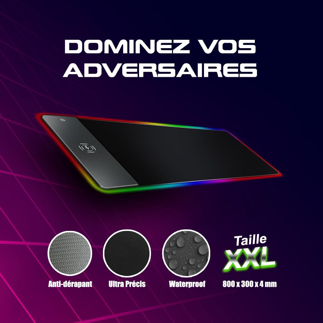 Tapis de Souris Gaming RGB XXL Premium Anti-Dérapant - Chargeur Induction 15W - 10 Modes LED - Tapis Bureau Gamer 2 en 1-800x300 mm - Chargeur sans-Fil Fast-Charge