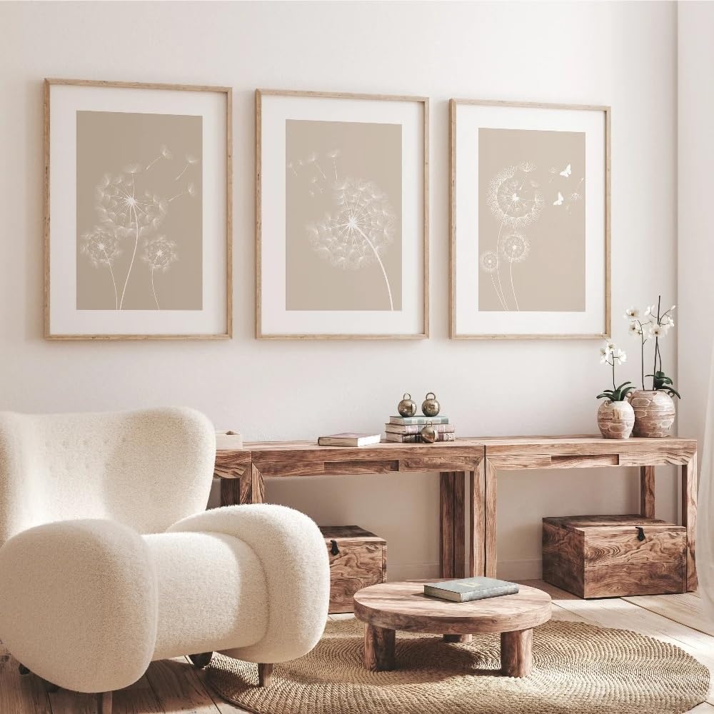 GOSRD Neutral Beige Wall Prints Botanical Canvas Plant Art Dandelion Home Decor Plants(60x90cm-3Pcs)