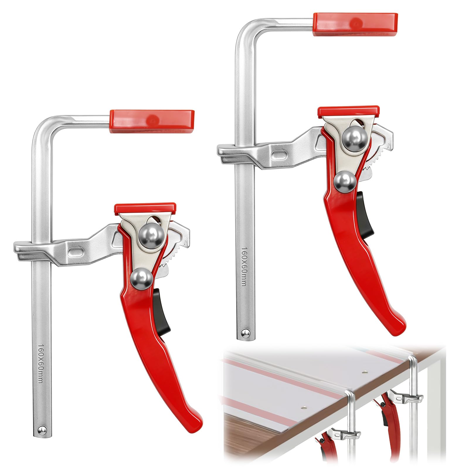 Ratchet Track Saw Clamp, 2 Pack Lever clamp,Woodworking Clamps,Quick Release Guide Rail Clamp Set, 160 mm x 60 mm Heavy-Duty F Woodworking Clamp for DIY & Carpentry, Wood Carving Routing Sanding