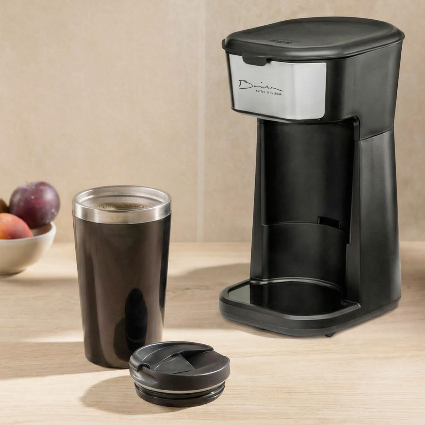 Barista Single ekspres do kawy na wynos, 450 W, kompaktowy ekspres przelewowy z kubkiem termicznym, mały, przenośny ekspres do kawy na wynos, w zestawie kubek termiczny i nylonowy filtr permanentny