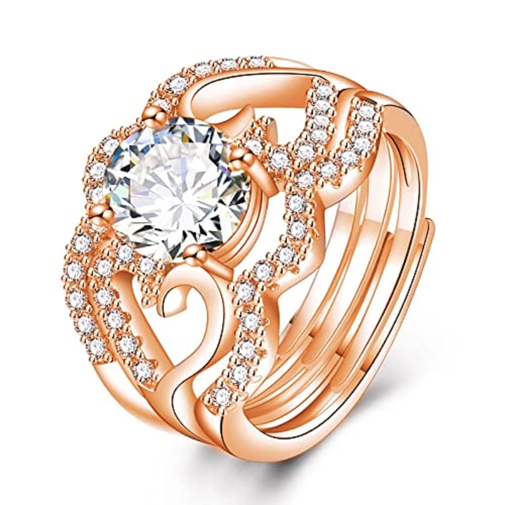 Fashionable Heart-Shaped openable Ring Four-Claw Zircon Couple Ring Female Two-in-one Combination (Rose Gold)