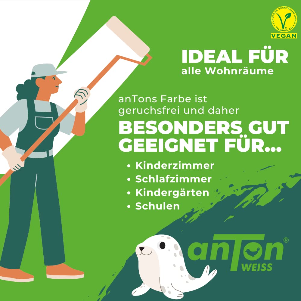Anton Weiss® Qualitäts Wand/Deckenfarbe weiss | 5L | geruchsfrei & atmungsaktiv | 40m² | Mineralfarbe matt | höchste Deckkraft | beugt Schimmel vor | für alle Wohnräume und Allergiker | Vegan
