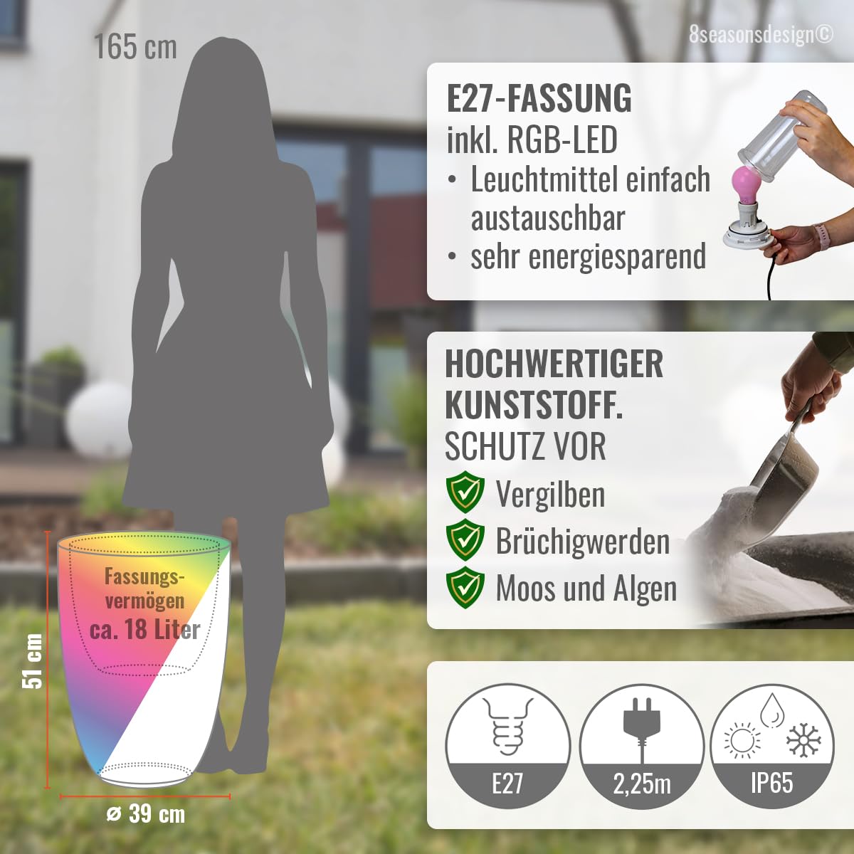 8 seasons Design LED Pflanzkübel mit Farbwechsel, 39 x 51 cm, Shining Curvy Pot M (weiß) E27, RGB, dimmbar, Fernbedienung – wetterfest – beleuchteter Blumentopf für außen (Garten, Terrasse) und innen