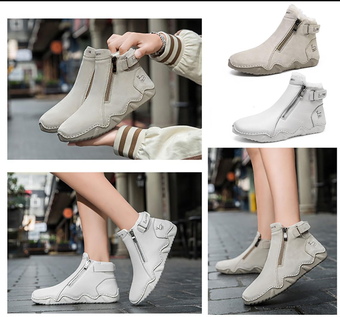 Cubicbee Women's Waterproof Winter Snow Boots With Double Zipper Handmade Suede High-top Snow Sneakers for Outdoor,Casual Fleece Warm Anti-Slip Ankle Boots