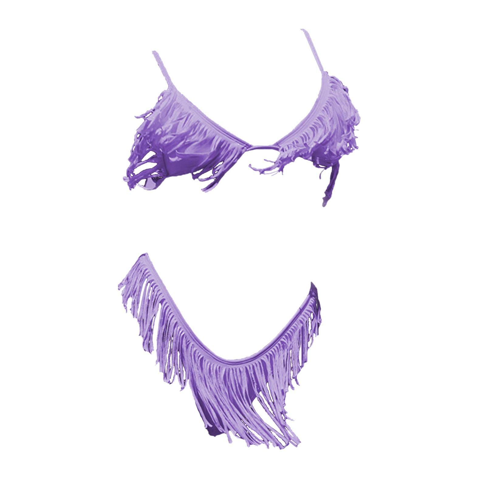 Tassel Bikini Set Push Up Top Swimwear Costume Travel Bathing Suit Purple M-image-37