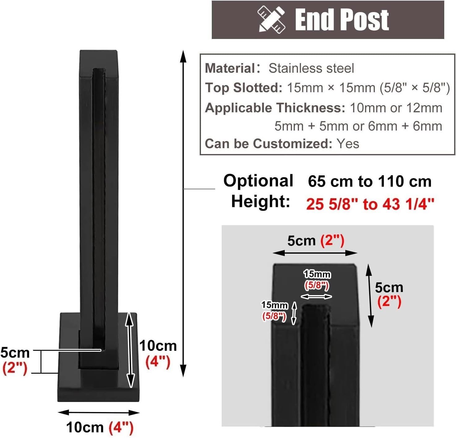 MekUk Glass Floor Clamp Glass Balustrade Posts Glass Deck Railing Post System Glass Panel Clamps For Patio Hallway Balcony Home Garden Stairs Balustrade (Color : Black-end Post, Size